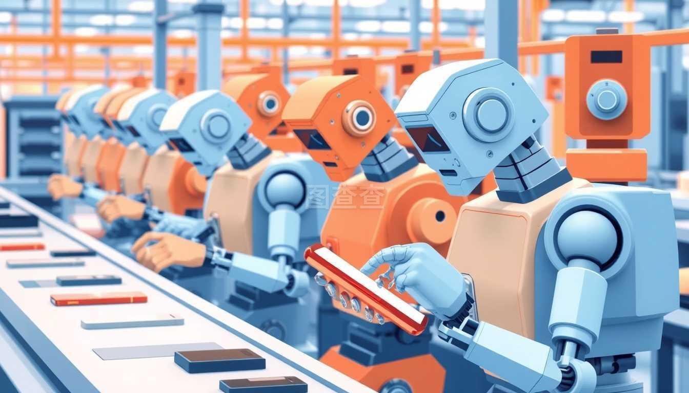 現(xiàn)代工廠生產(chǎn)線抽象方案,專用機(jī)械機(jī)器人制造和包裝智能手機(jī)的彩色矢量圖?，F(xiàn)代工廠生產(chǎn)線抽象方案